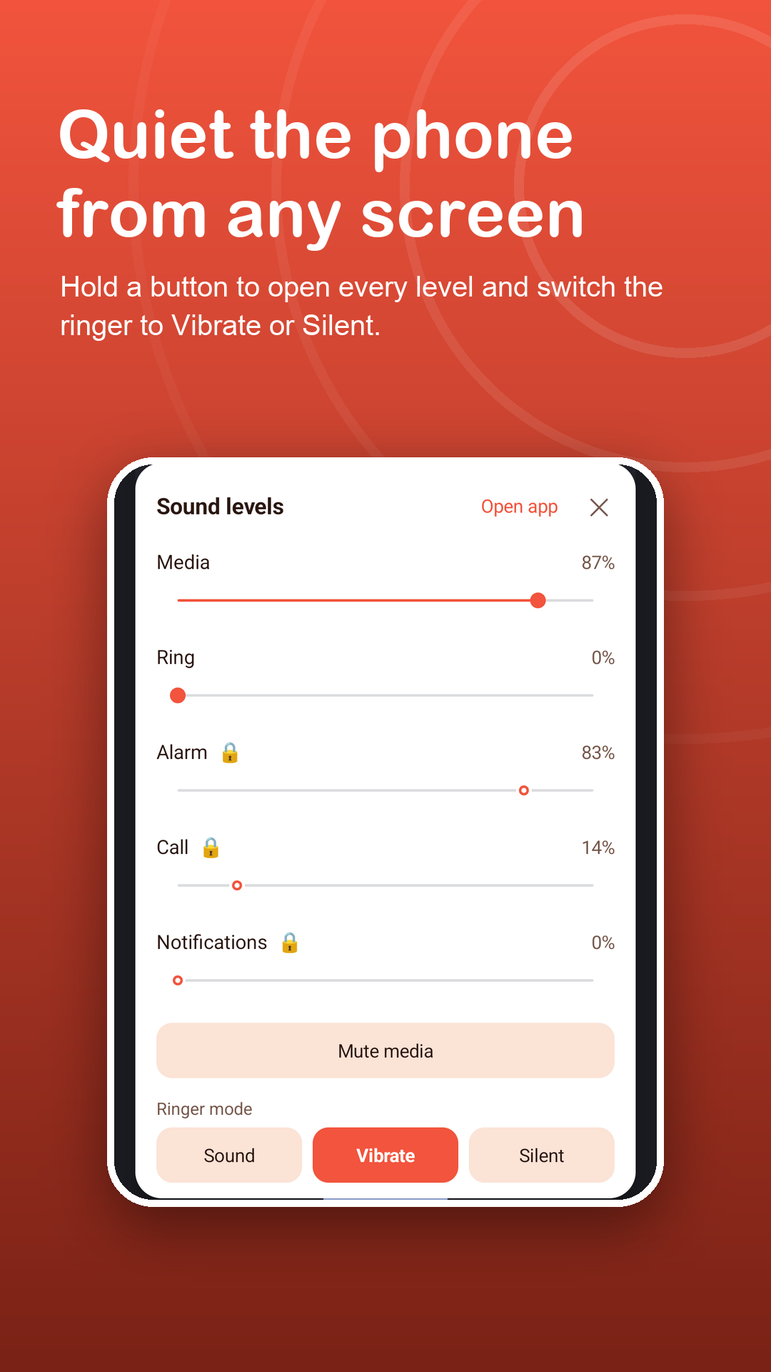 Sound levels panel with ringer mode set to Vibrate