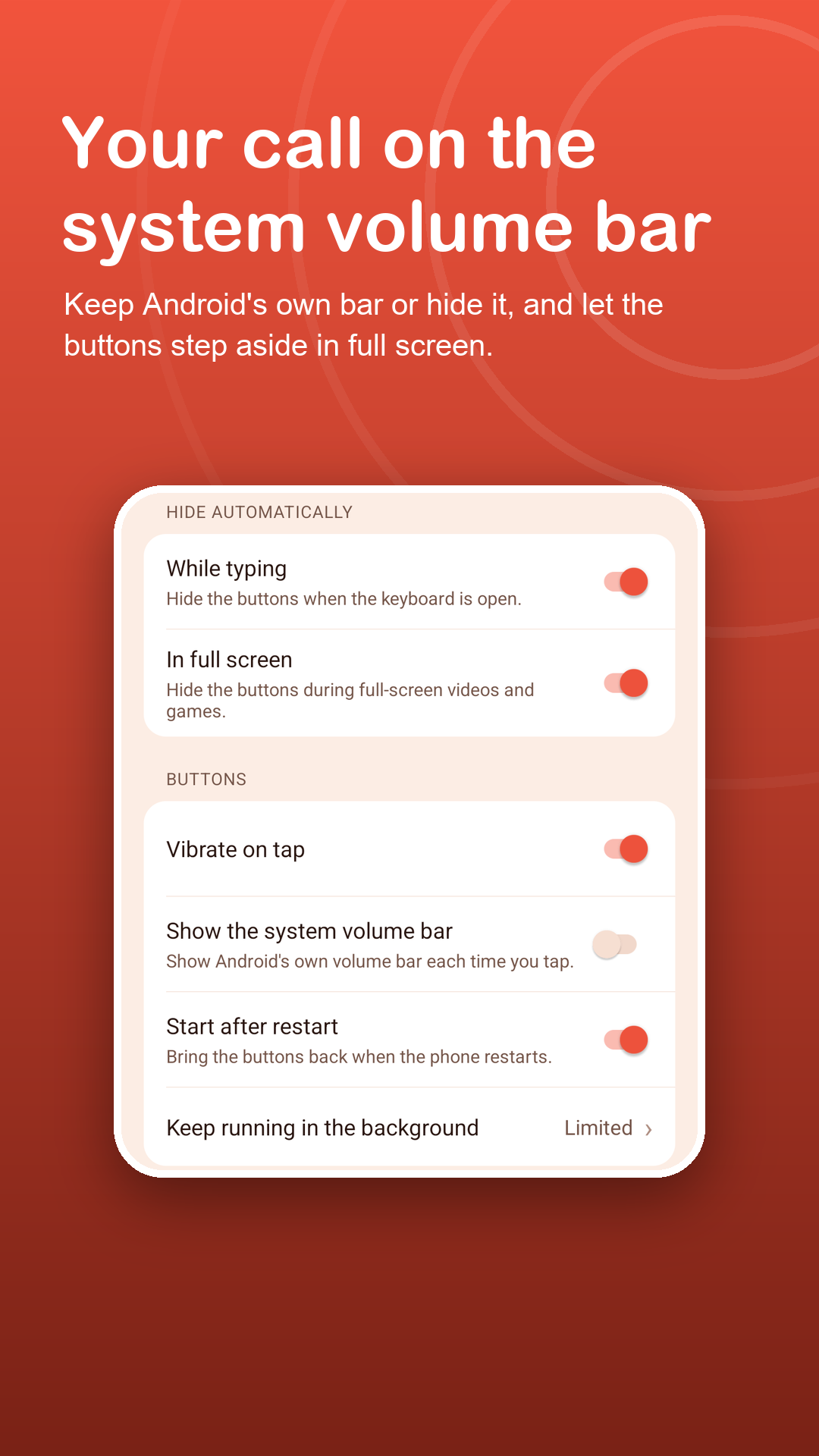 Settings to hide the system volume bar and hide in full screen